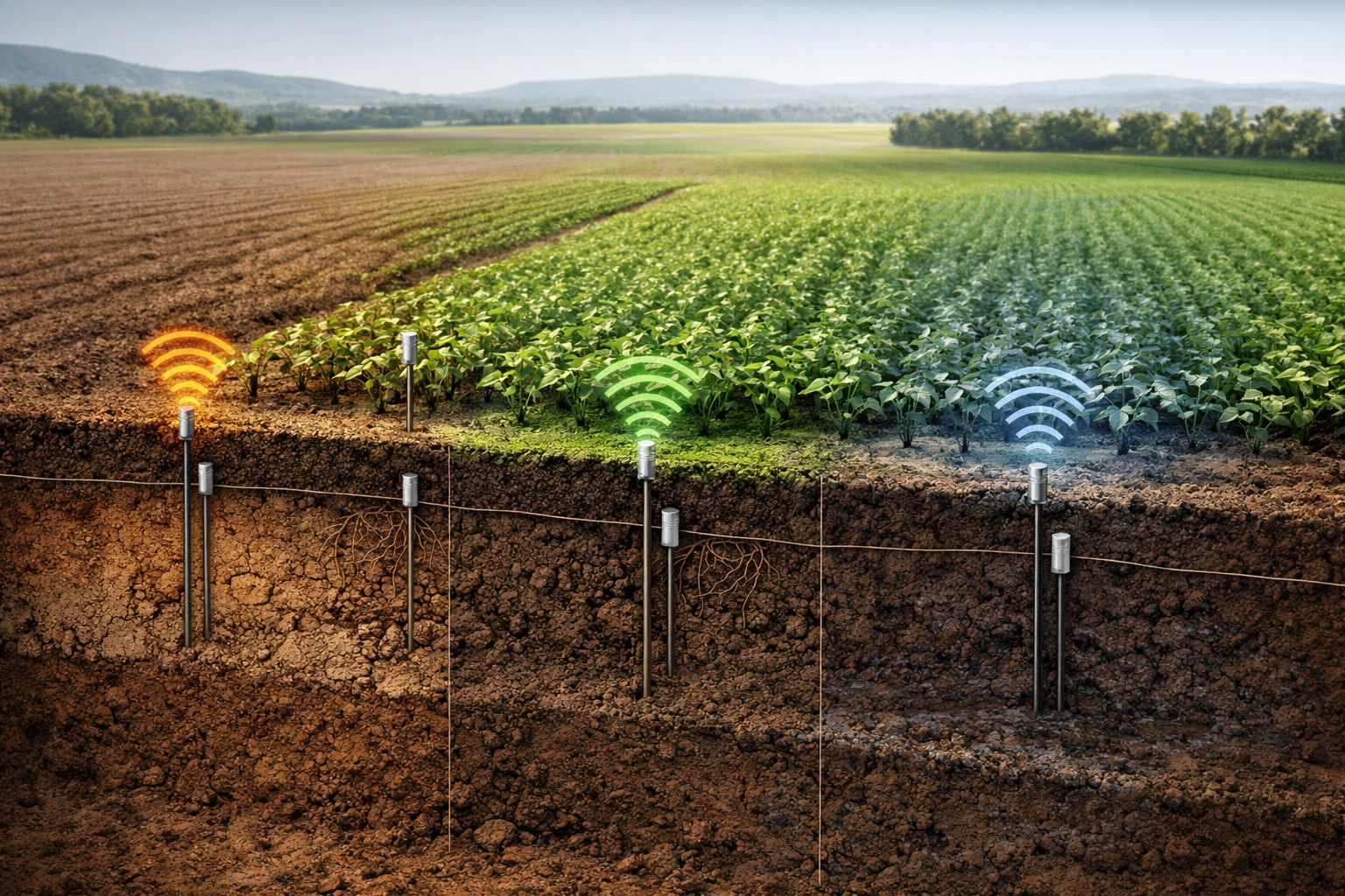 Концептуальная иллюстрация: связь почвы, сенсорных измерений, вычислительной аналитики и цифрового мониторинга